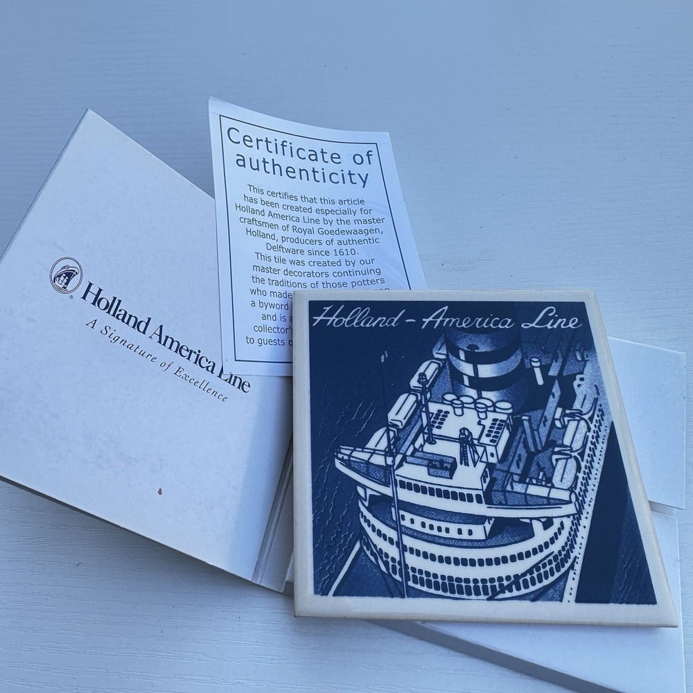 Holland America Cruise Ship Delft Blue White Tile Coaster Cork Back New with COA
